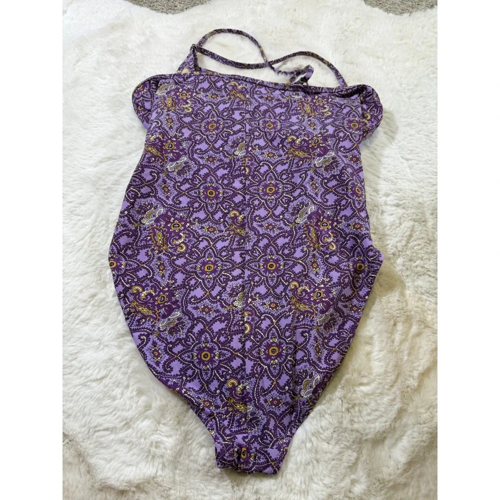 Garnet Hill Swimsuit 10 Purple‎ Paisley Ruched Boho Tropical Resortwear Floral